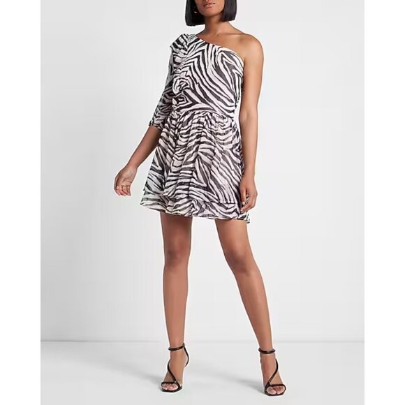 Express Dresses & Skirts - Express Rachel Zoe Collaboration Zebra Print One Shoulder Ruffle Mini Dress XS